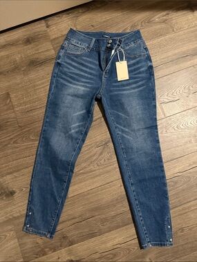 NWT Flamingals High Rise Skinny Jeans Blue Denim Ankle Snap Detail Size L